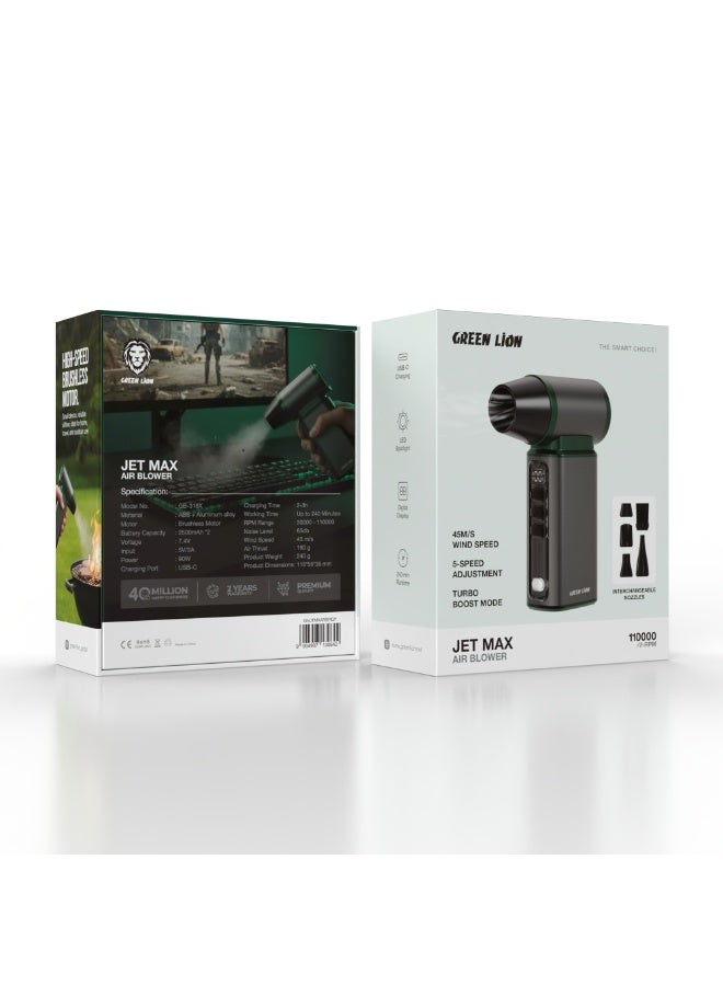 GREEN LION Jet Max Air Blower with 45m/s Wind Speed, 5-Speed Adjustment, Turbo Boost Mode, 240 Min Runtime, LED Spotlight, Digital Display, USB-C Charging, Interchangeable Nozzles - Grey - Image 4